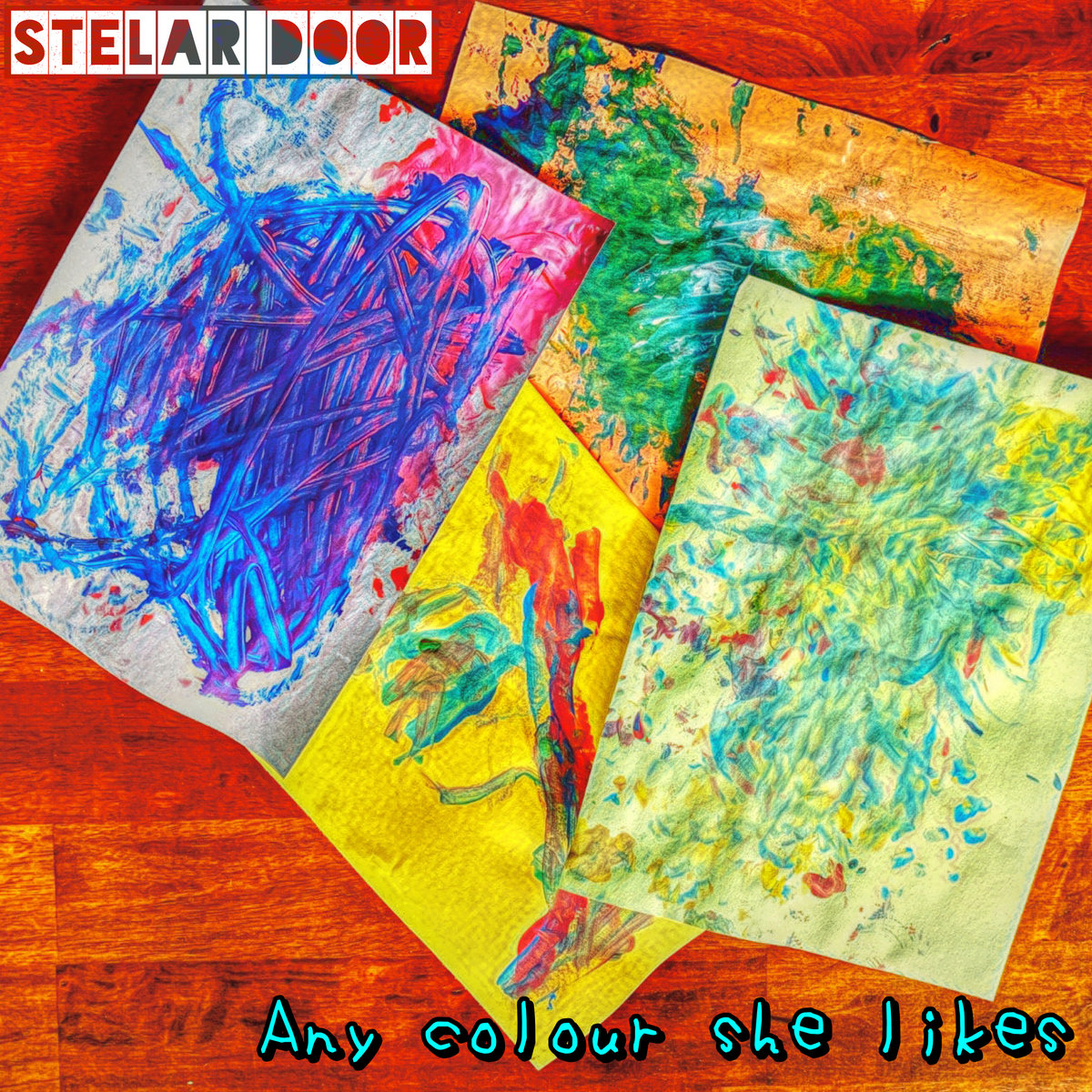 Cover of Any colour she likes: four paint-smeared sheets on a wooden floor