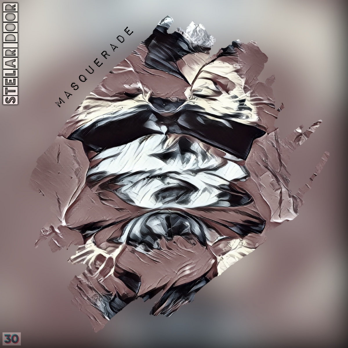 Cover of Masquerade: a mirrored abstract mask in mauve and black paint