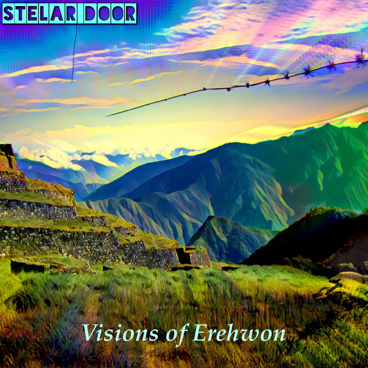 Cover of Visions of Erehwon: stone terraces and mountains under a rainbow sky